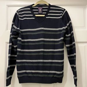 - Casual unisex black sweater with horizontal white and green stripes